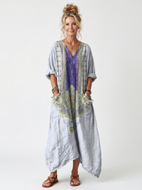 Raina | Broderet oversize midikjole med kontrastpanel og lommer