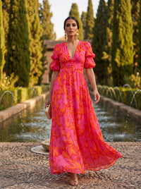Bente | Lang flydende kjole i pink og orange